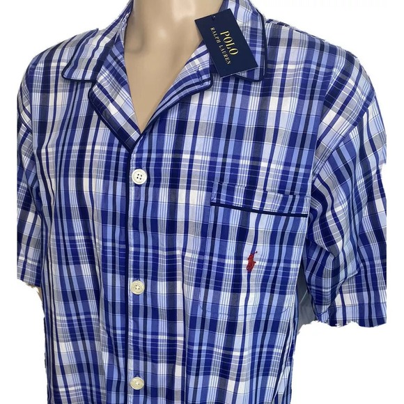 Polo Ralph Lauren Pajama Shirt Plaid Short Sleeve Button Front Pony Blue M NWT - Picture 1 of 5